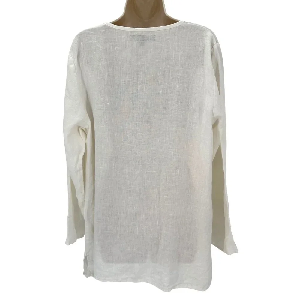NWOT Flax Womens White Linen Button Front Blouse Long Sleeve Relaxed Fit Size M
